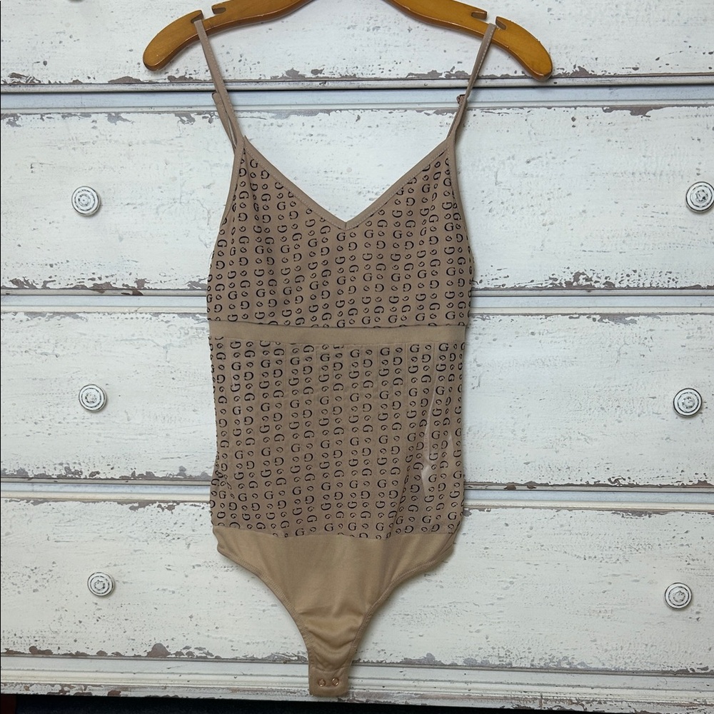 Guess Y2K Logo Bodysuit Beige Tan Stretch Fitted One Piece Size M